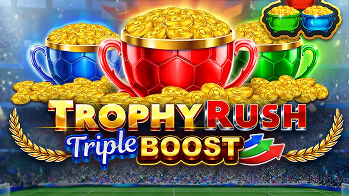 Tampilan visual slot Trophy Rush Triple Boost dengan elemen koin emas dan trofi.
